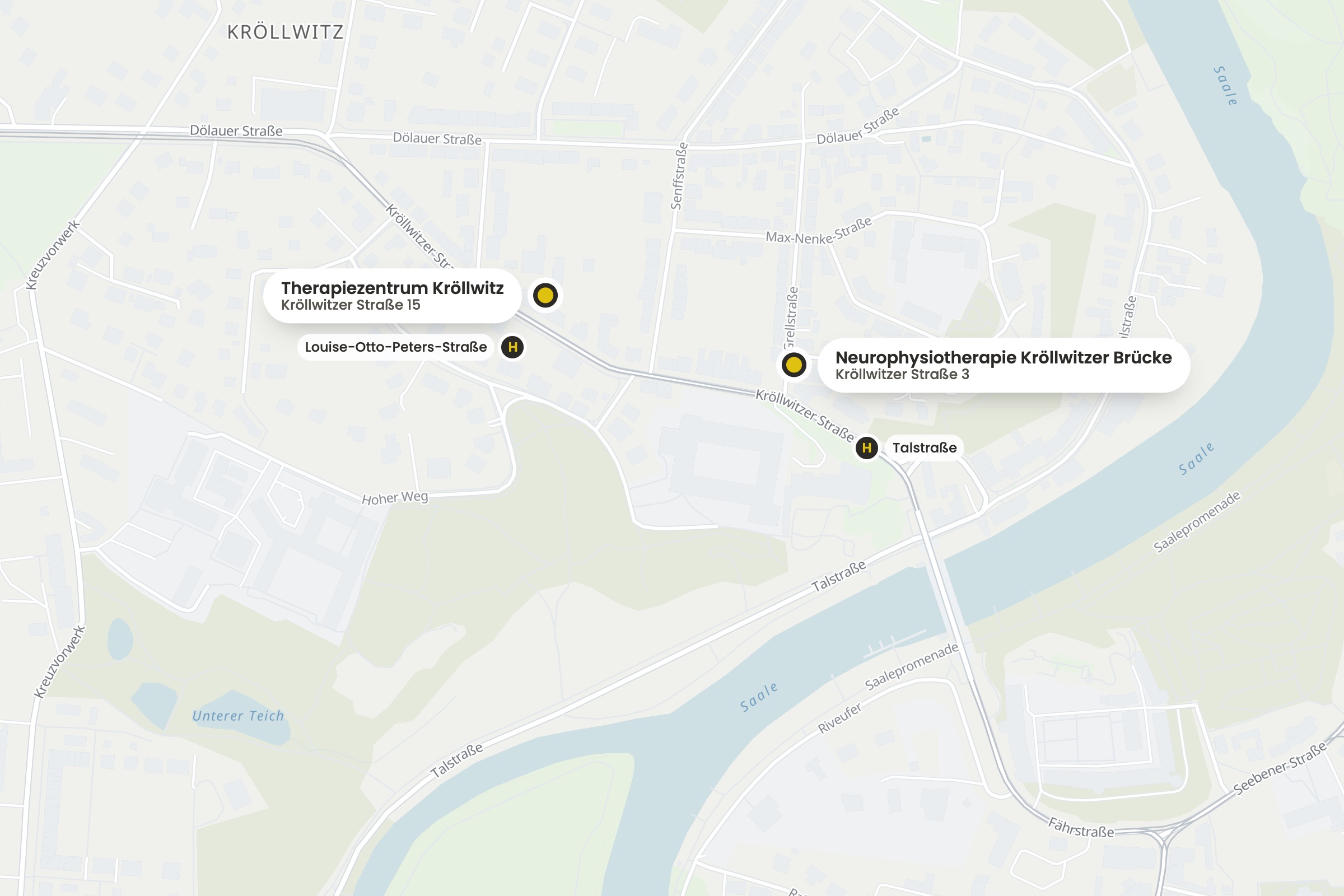 Straßenkarte Halle-Kröllwitz: Therapiezentrum Kröllwitz an der Kröllwitzer Straße 15 mit der Haltestelle Louise-Otto-Peters-Straße, wenige Schritte weiter die Neurophysiotherapie Kröllwitzer Brücke an der Kröllwitzer Straße 3 mit der Haltestelle Talstraße