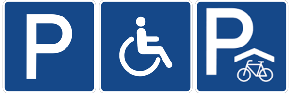 Zeichen für Parkplatz, Behindertenparkplatz und Fahrradstellplatz